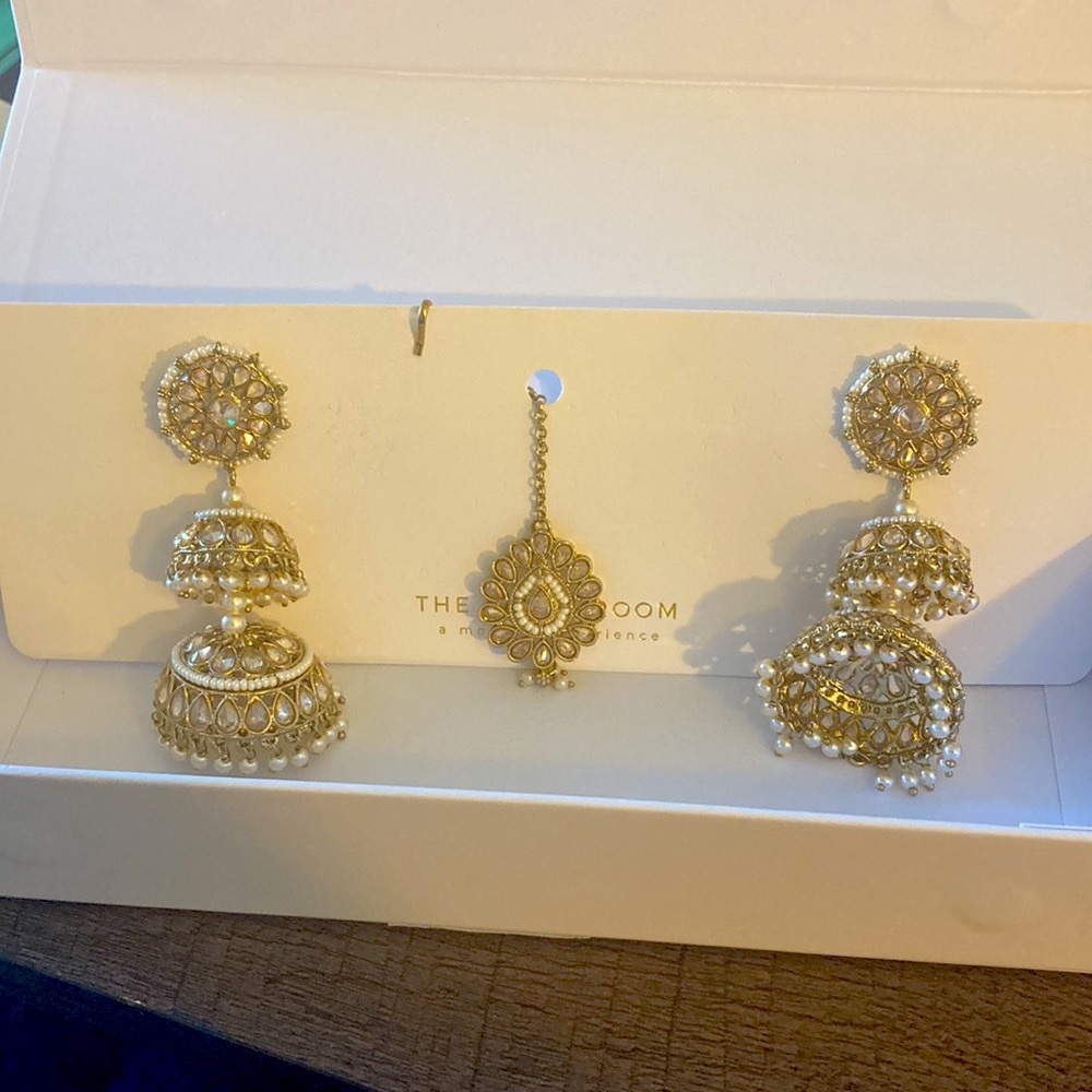 The Saree Room champagne gold stacked jhumkis Indian earrings and tikka set